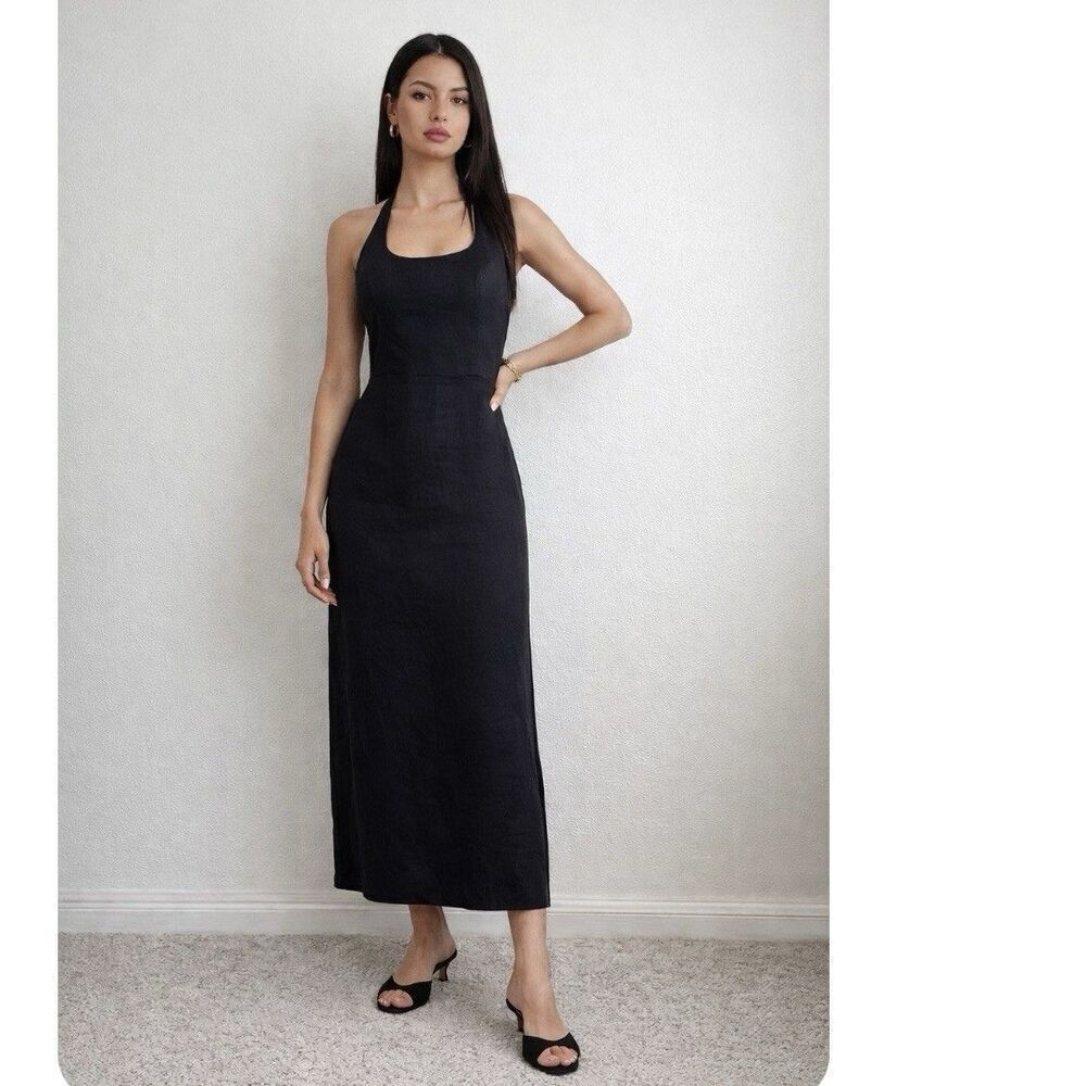Reformation Yana Black Linen Halter Midi Dress NEW Size 8 Smocked Back
